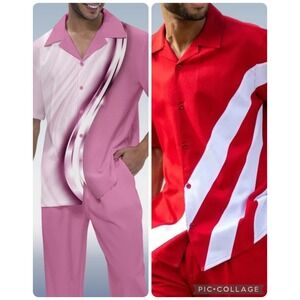 2 Sets 4 pieces Men XL  Red White Stripe Pink  Short Sleeve Button Front & Pants